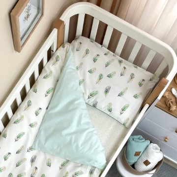 Set lenjerie de schimb pentru patut bebe 3 piese Mix Feather verde menta